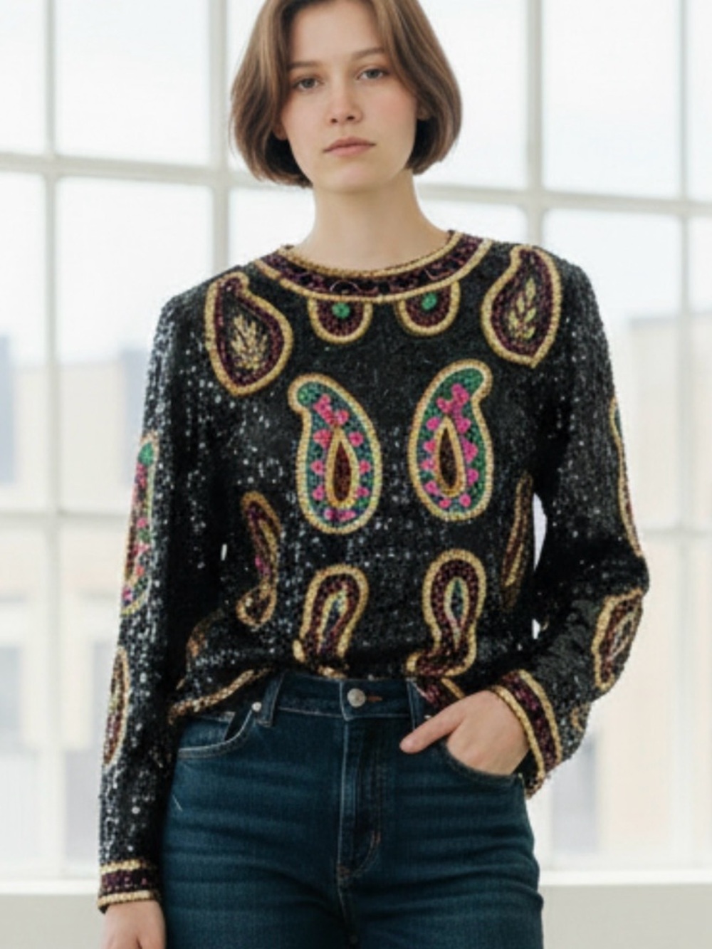 Laurence Kazar  80’s Trophy Top VTG Silk Sequined Paisley Disco Party